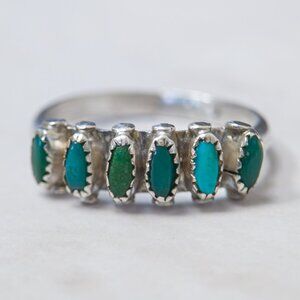 H. Lonjose Zuni Sterling Turquoise Row Ring — Size 7.5